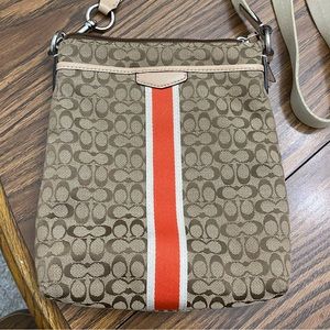 Coach, Tan / Brown / Beige With Orange Stripe Crossbody Purse